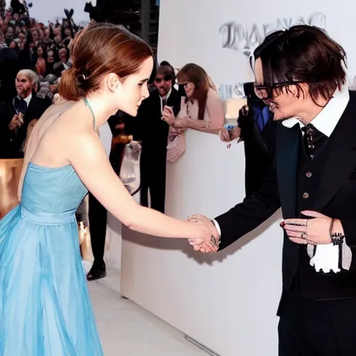 Image similar to emma watson and johnny depp shaking hands