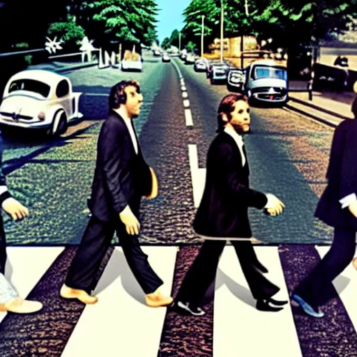 Image similar to abbey road with the three stooges,