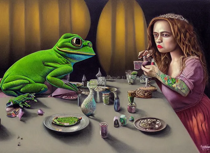 Prompt: hyper realistic detailed painting of a heavy tattooed pepe the frog family in baroque clothes in mid 70s italian restaurant eating grey metallic tungsten cube with roasted rainbow and drinking hopium with a doom juice by Andrei Tarkovsky, Adrian Ghenie, Storm Thorgerson, and Beeple, semi naive, pastel colors, Hilma af Klint color palette, cinematic, very coherent symmetrical artwork, cinematic, hyper realism, high detail, 8k, last supper composition, octane render. Beksinski painting, part by Adrian Ghenie and Greg Hildebrandt. art by Neo Rauch. masterpiece