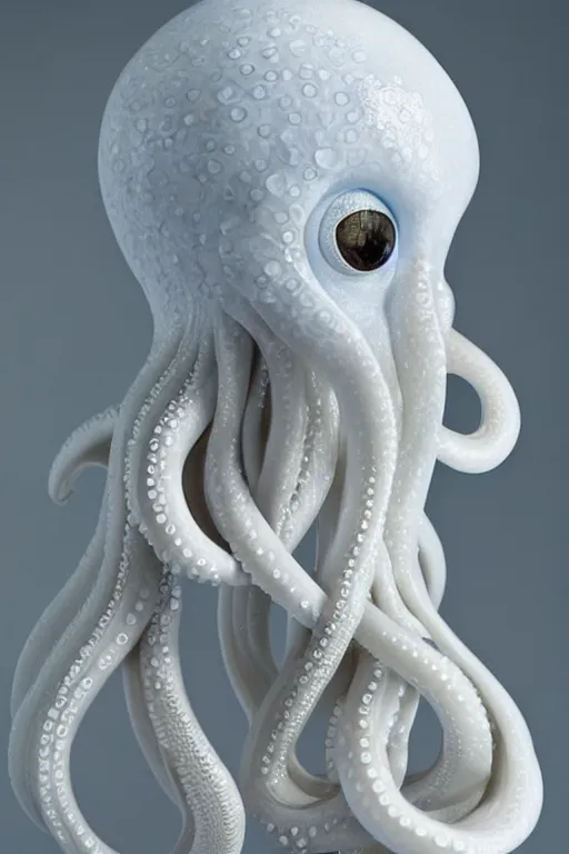 Image similar to full head and shoulders, beautiful porcelain female person, smooth, delicate facial features, white detailed eyes, white lashes, 3 d white shiny thick, large octopus tentacles and eyeballs by daniel arsham and james jean