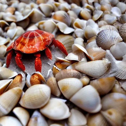 Image similar to hermit crab looking over shells realistic photography