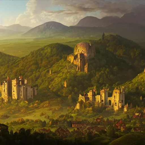 Image similar to Vast verdant valley surrounded by Transylvanian mountains, with a large zeppelin hovering in the foreground, and a ruined medieval castle on the hillside in the background. No villages. Late evening light in the summer, gloomy weather. Hyperrealistic, high quality, sharp, highly detailed, peter mohrbacher, ansel adams.