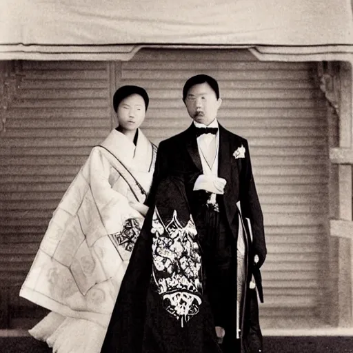 Image similar to An extreme long shot wide shot, colored black and white Russian and Japanese mix historical fantasy a photograph portrait taken at the empress and emperor's royal wedding on their carriage trip back to the palace, they had a private moment together, golden hour, warm lighting, 1907 photo from the official wedding photographer for the royal wedding.