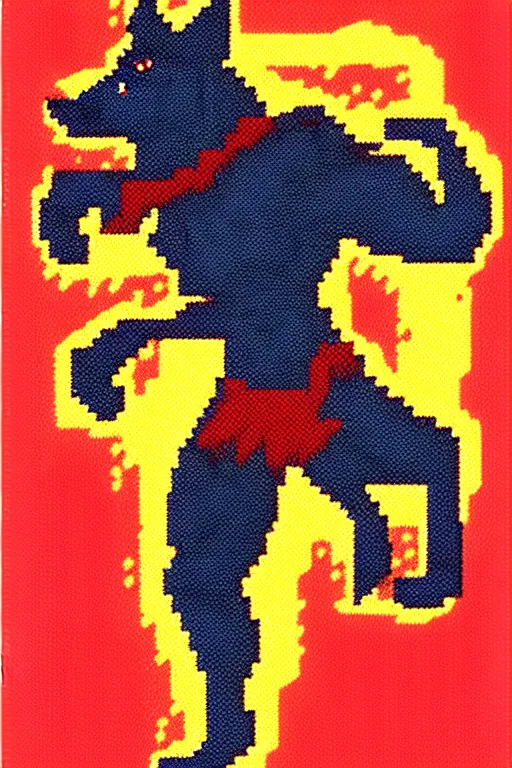 Prompt: extreme long shot. 8 bit nes graphics. hermann nitschantropomorphic muscular masculine wolf. kickboxer fighter, in shorts. wolf head. art from nes game cartridge,