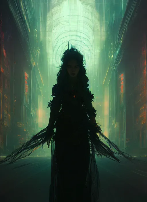 Image similar to a full bodied mage, intricate concept art, ethereal, enchanted, ominous, dramatic lighting, illuminated lines, outrun, vaporware, cyberpunk darksynth, dark background, 8 k, by ruan jia and krenz cushart and alphonse mucha