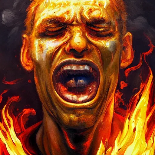 Image similar to a painting of a man with fire coming out of his mouth, shock art, apocalypse art, artstation hq