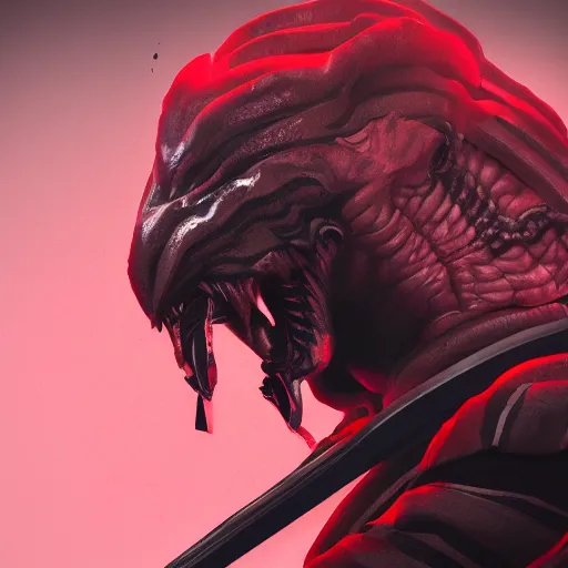 Image similar to a vivid portrait of a predator samurai, trending on artstation, scary, intimidating, dark, unreal engine, studio lighting, black and red color scheme