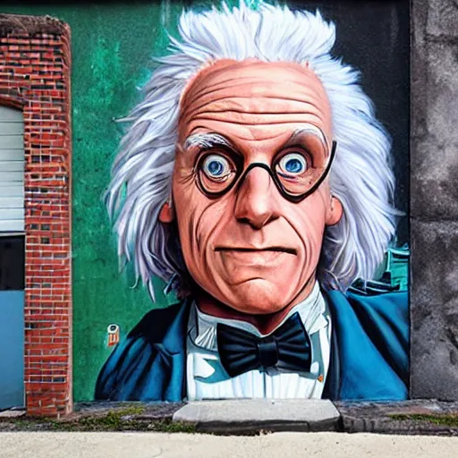 Image similar to Street-art portrait of doctor Emmett Brown from back to the future movie in style of Etam Cru