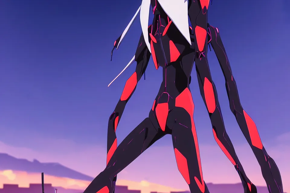 Image similar to anime illustration of black evangelion eva - 0 1 standing on an empty highway wearing a black plugsuit at dawn, cinematic lighting, evangelion anime poster, rebuild of evangelion 1 0 8 0 p, 9 0 s anime aesthetic, volumetric lights, rule of thirds, unreal engine render, pinterest wallpaper, trending on artstation