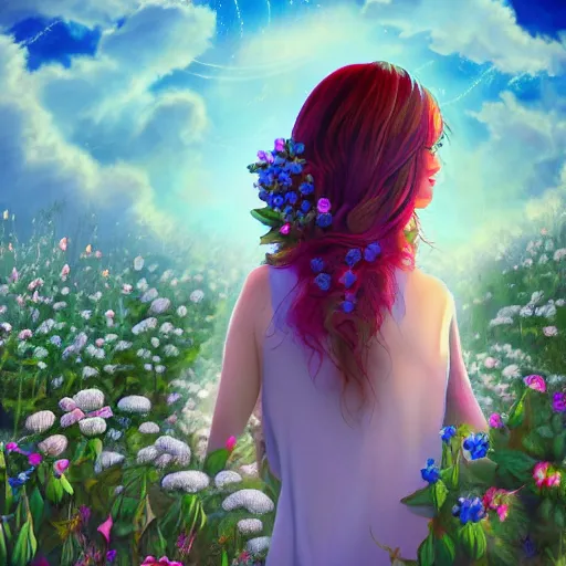 Image similar to a picture of a dreaming woman with flowers grow out of hair, roses peonies forget-me-nots dahlias lupins gladioli, sky theme in background, Digital Art, Trending on artstation