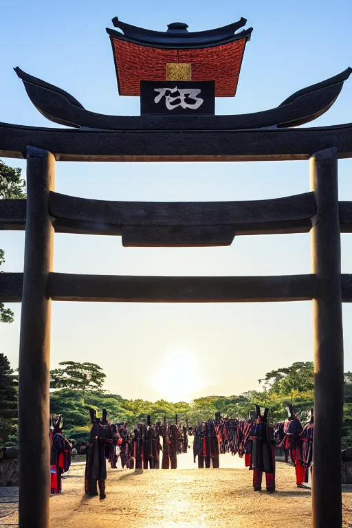 Image similar to a godlike and indomitable masked and helmeted samurai standing before a Torii gate with pride, the rising sun in the background. Photo realistic. Award winning