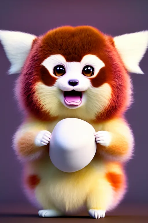 Image similar to high quality 3 d render hyperrealist very cute pastel fluffy! red panda & tarsier hybrid eating giant ice cream full body, vray smooth, in the style of detective pikachu, hannah yata charlie immer, very dramatic light, low angle, uhd 8 k, shallow depth or field