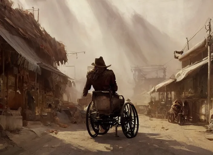 Prompt: oil painting of tyrannosaurus rex with diaper in wheelchair, in dusty wild west street, art by anders zorn, wonderful masterpiece by greg rutkowski, beautiful cinematic light, american romanticism by greg manchess, jessica rossier