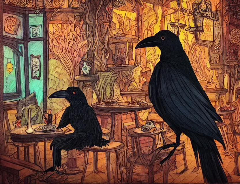 Prompt: raven witch in a suspicious cafe. complementary colors, copic markers, indie concept art, bloom, chiaroscuro, backlighting, intricate details.