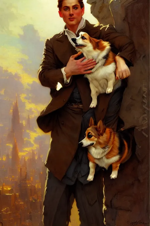 Image similar to attractive man holding a corgi matte painting by gaston bussiere, craig mullins, j. c. leyendecker, tom of finland