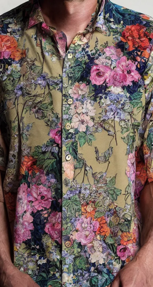 Image similar to close up of max payne floral shirt in a bar, sun shining, photo realistic illustration by greg rutkowski, thomas kindkade, alphonse mucha, loish, norman rockwell.