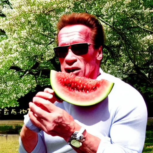 Image similar to photo, arnold schwarzenegger eats watermelon, japanese kimono, high heels, under sakura tree