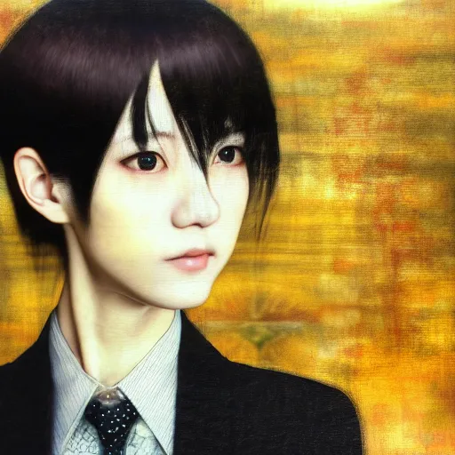 Image similar to yoshitaka amano blurred and dreamy realistic three quarter angle portrait of a young woman with short hair and black eyes wearing office suit with tie, junji ito abstract patterns in the background, satoshi kon anime, noisy film grain effect, highly detailed, renaissance oil painting, weird portrait angle, blurred lost edges