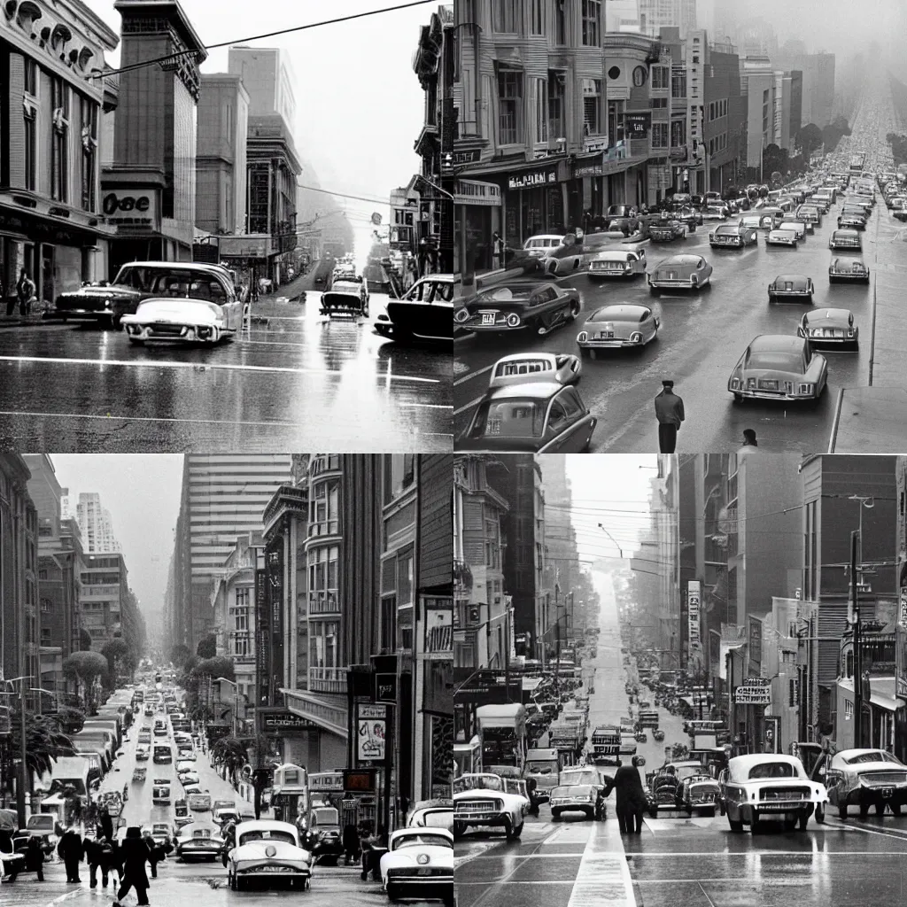 Prompt: a busy street in san francisco in the 1960s with cars and people on a rainy day