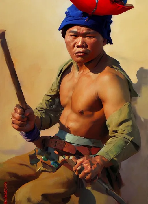 Image similar to greg manchess side portrait of a filipino fighter wearing a jester hat sitting on a tank holding a staff, organic painting, sunny day, matte painting, bold shapes, hard edges, street art, trending on artstation, by huang guangjian, gil elvgren, ruan jia, randy vargas, greg rutkowski