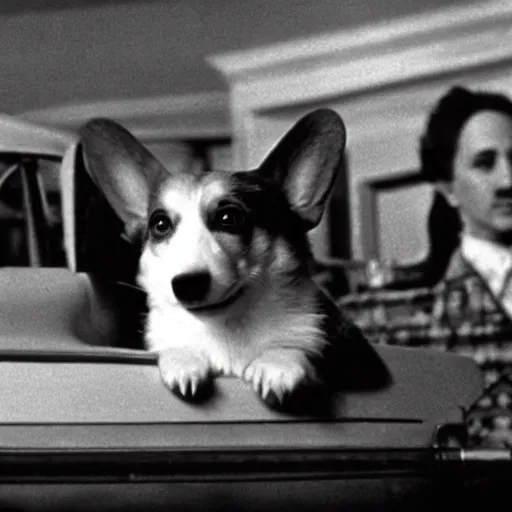 Image similar to A still of a corgi in The Godfather (1972)