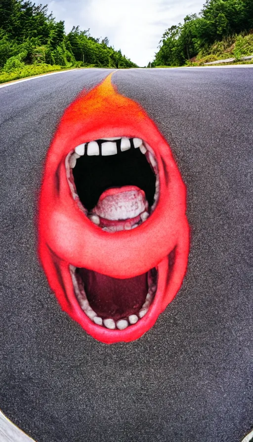 Image similar to photo of a giant mouth open on an asphalt road, realistic photo, gopro, looming, colorful, eerie