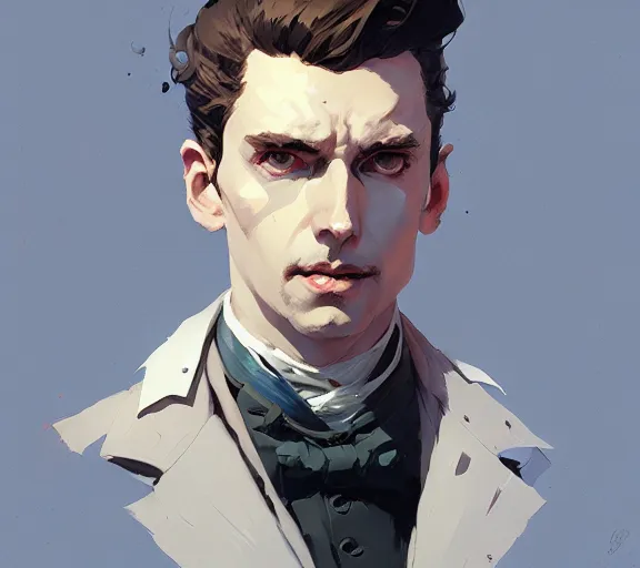 Image similar to portrait victorian era lord, by atey ghailan, by greg rutkowski, by greg tocchini, by james gilleard, by joe fenton, by kaethe butcher, by ashley wood, dynamic lighting, gradient light blue, brown, blonde cream and white color scheme, grunge aesthetic