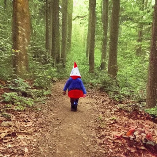 Image similar to bad quality screenshot of a leaked video of a small person dressed as gnome following me through a forest trail, night time, bright camera flash, camera shaking, realistic, ultrarealistic, 480p, scary