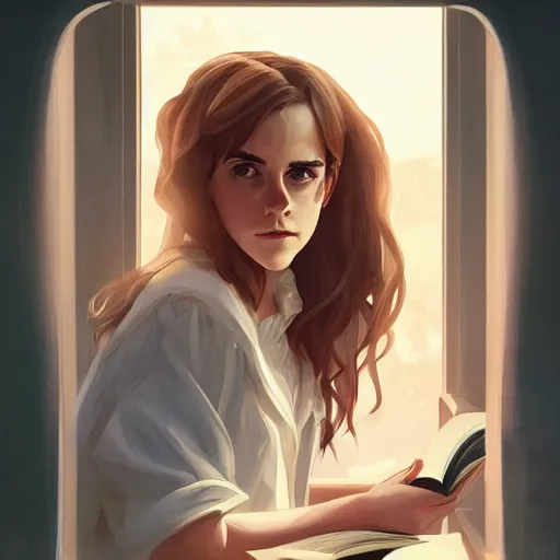 Image similar to portrait of Emma Watson as Hermione Granger sitting next to a window reading a book, focused expression, face focus, golden hour, art by Kenne Gregoire and Krenz Cushart, trending on artstation