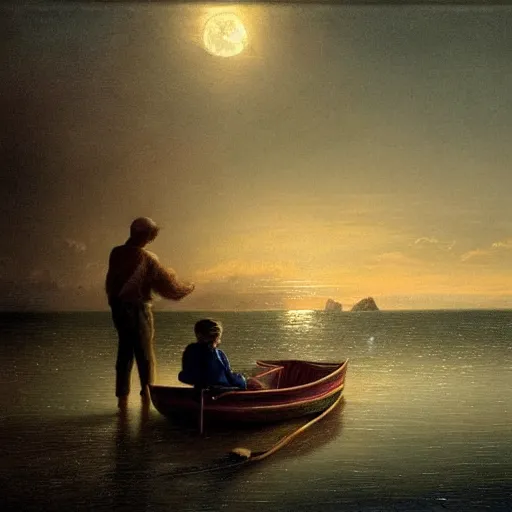 Image similar to man and daughter in a small boat on a rough sea late at night, moonlight reflections across water, hyper realism, high detail, deep aesthetic, rich colors, 4k, highly ornate intricate details, variations,