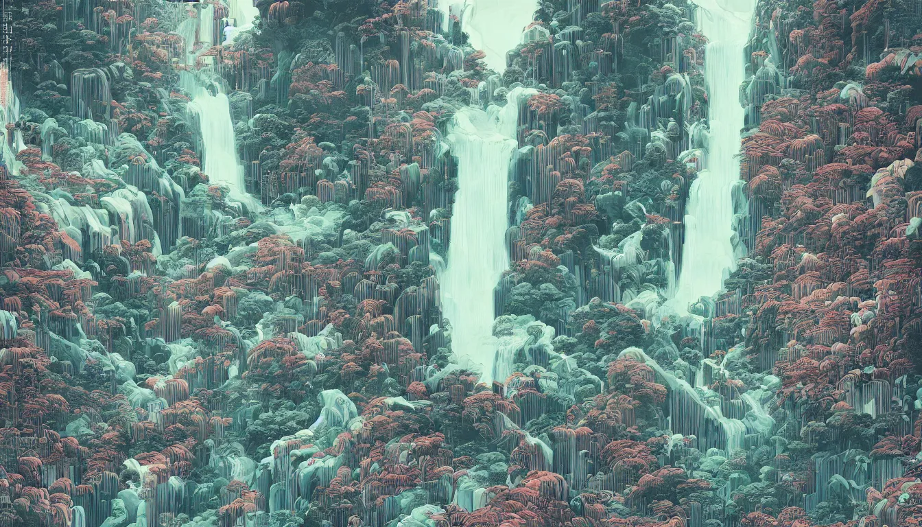 Image similar to huge waterfall, chinese ink brush, yukio - e, kilian eng, victo ngai, josan gonzalez