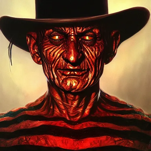 Prompt: ultra realistic portrait painting of freddy krueger, art by frank frazetta, 4 k, ultra realistic, highly detailed, epic lighting