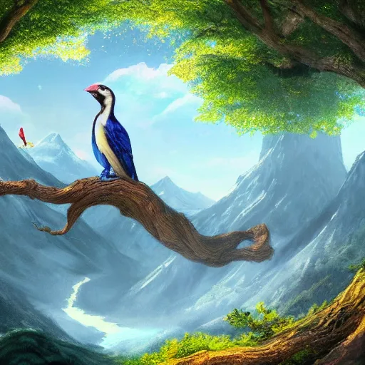 Image similar to The most beautiful realistic matte painting of a blue ring neck bird sitting on a tree surrounded by mountains, fantasy, dream-like, artstationHQ