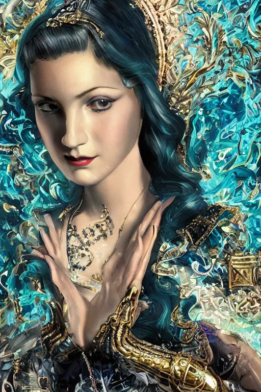 Image similar to An extremely beautiful Art Deco ornate portrait of a young attractive woman with a silky bio-luminiscent holographic dress, neo-cyberpunk, professionally painted digital art illustration, smooth, sharp focus, atmospheric lighting, highly detailed illustration highlights, golden ratio, extremely detailed winning award masterpiece, very coherent symmetrical artwork, sense of awe, 8K post-processing, trending on artstation flawless, prismatic highlights, telephoto, depth of field, cinematic, macro, concept art, wepa digital, elegant, epic, octane render, v-ray, C4D