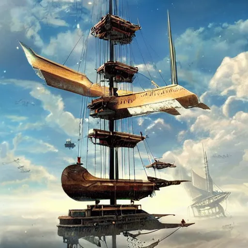 Image similar to steampunk sky-ship flying through clear blue skies, epic fantasy art style HD