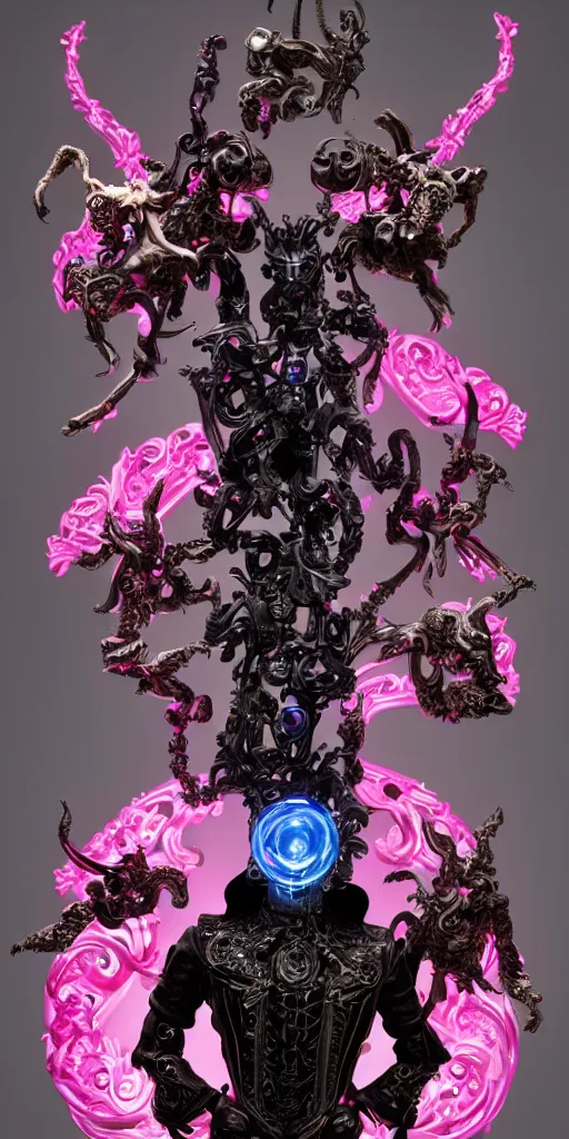 Image similar to full-body baroque and cyberpunk style porcelain sculpture of a young seductive Hispanic prince half android with a chest exposing a glowing gemstone battery, glowing pink seductive laser eyes, crown of blue gears and diamonds, swirling salmon-colored silk fabric, robotic raptors dinosaurs. baroque elements. full-length view. intricate artwork by caravaggio. art by Artgerm and Greg Rutkowski and Alphonse Mucha, Trending on artstation, cinematic industrial lighting, hyper realism, octane render, 8k, depth of field, 3D