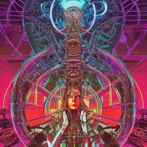 Prompt: the transhuman priestess surrounded by mechanical plants, Dan Mumford, Aaron Diaz