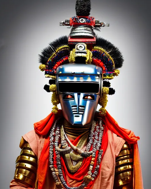 Prompt: photo of a Dramatic Kathakali male character with traditional headgear painted face wearing futuristic robocop LED goggles and futuristic robot armour with wide traditional ghaghra in the style of stefan kostic, full body, realistic, sharp focus, symmetric, 8k high definition, insanely detailed, intricate, elegant, art by stanley lau and artgerm, Hajime Sorayama, William-Adolphe Bouguereau