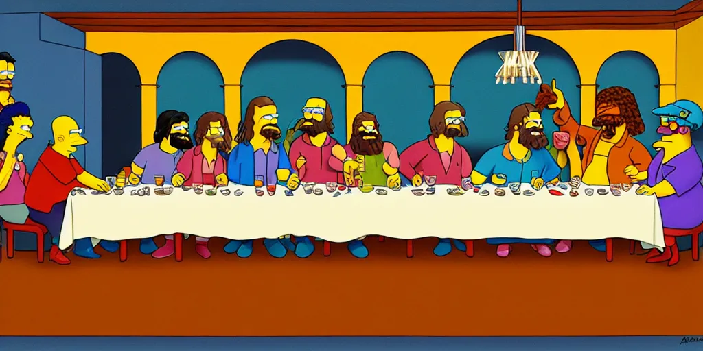 Image similar to last supper styled as simpsons, art, trending in artsation, winning award painting, oleo style,