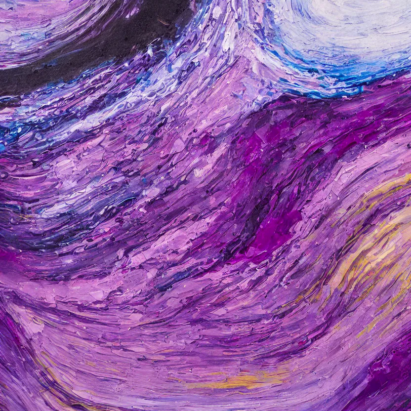 Image similar to abstract multiple layers of purple and blue shades paint dripping and running in a circular pattern, oil on canvas, detailed