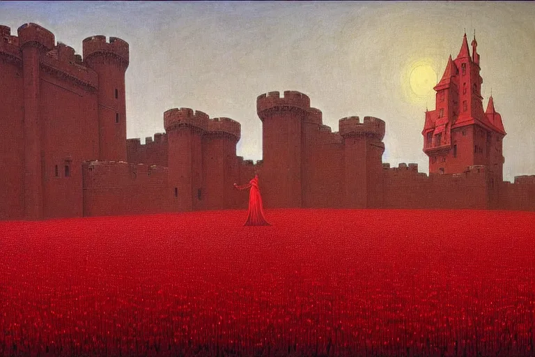 Image similar to only with red, red flowers of different types, a red tiger, a castle in the background, medieval demons dance over the flowers, an ancient path, in the style of beksinski, part by hopper, part by rodcenko, part by hofbauer, intricate composition, red by caravaggio, insanely quality, highly detailed, masterpiece, red light, artstation