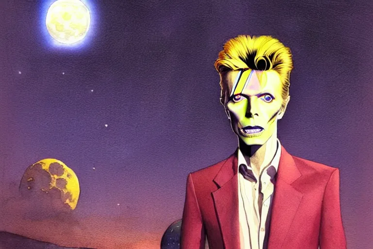 Image similar to a hyperrealist watercolour character concept art portrait of david bowie on a full moon well lit night in las vegas. a ufo is in the background. by rebecca guay, michael kaluta, charles vess and jean moebius giraud