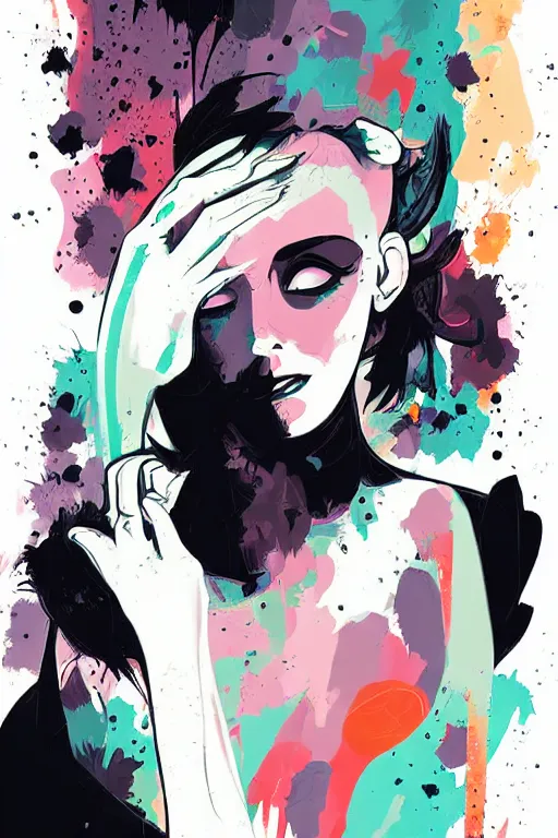 Image similar to vector style the abstract painting of an image of a lady artistic flat illustration, goth punk minimal figure art, soft colors mono chromatic, art in the style of Ross Tran and Greg Rutkowski and Alphonse Mucha