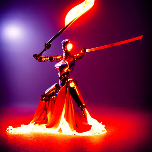 Image similar to robot woman hot fire dance holding katana, detailed pose, shibuya prefecture, cinematic lighting, fog mist smoke, photorealistic, night photography by tomino - sama