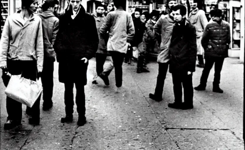 Image similar to ernst ludwig, a frightened young man in a street surrounded by people who have no eyes. people are watching crt televisions in every shop s 1 5 0