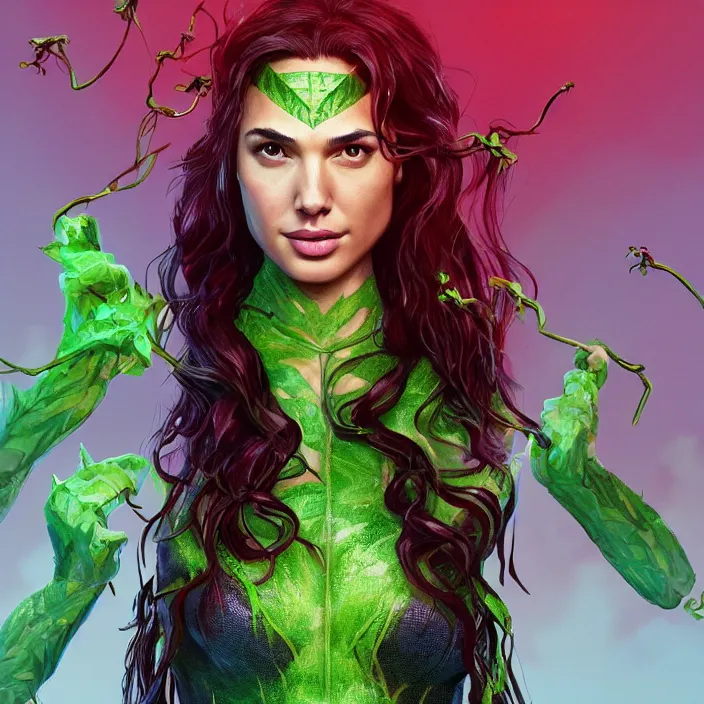 Image similar to portrait of Gal Gadot as a Poison Ivy. intricate artwork. by Tooth Wu, wlop, beeple, dan mumford. octane render, trending on artstation, greg rutkowski very coherent symmetrical artwork. cinematic, hyper realism, high detail, octane render, 8k