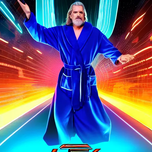 Image similar to dude lebowski dressed in bathrobe played by jeff bridges, stuck in tron realm, photorealistic movie still, detailed 8 k, poster style, high resolution