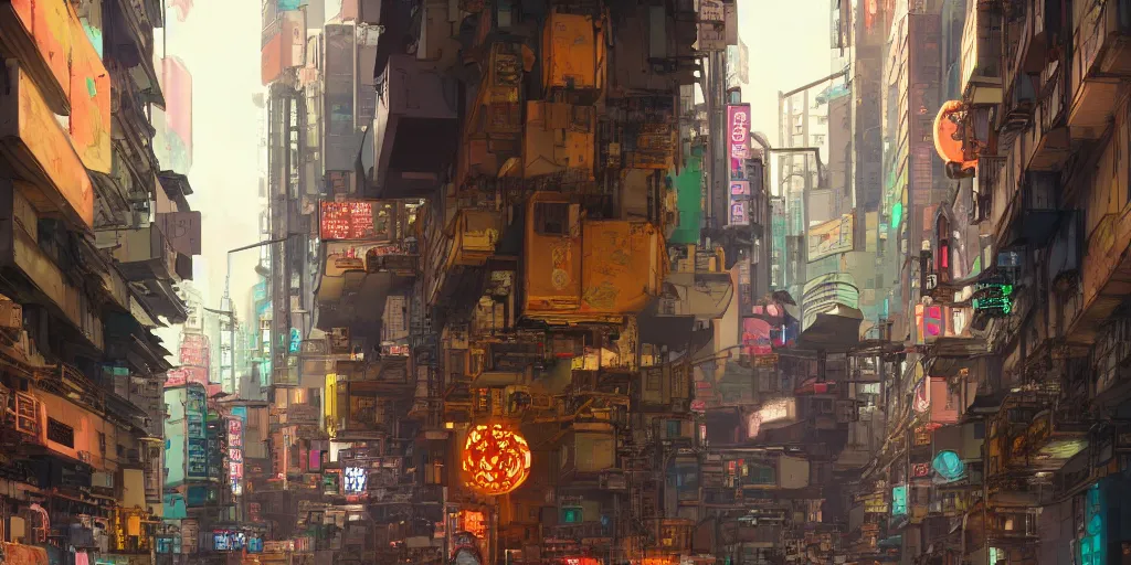 Image similar to a cyberpunk hong kong alley with robots and humans walking around by moebius, pixar color palette, clear details, street level, 8k