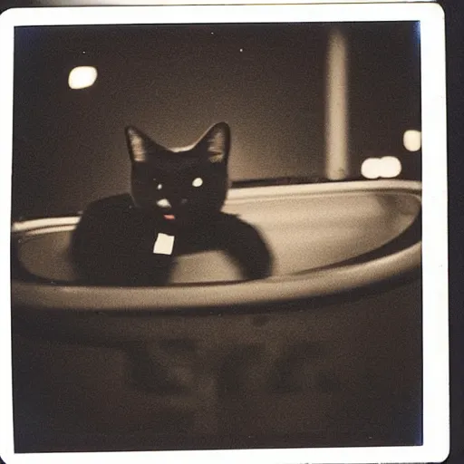 Image similar to black cat in a rollercoaster. the cat is looking excited. polaroid. sepia.