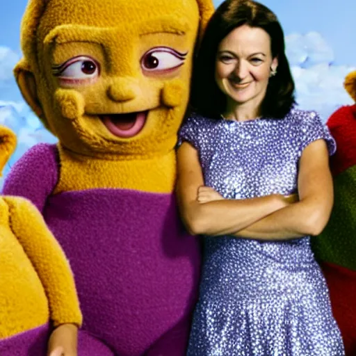 Prompt: Photo of Sheryl Sandberg in Teletubbies